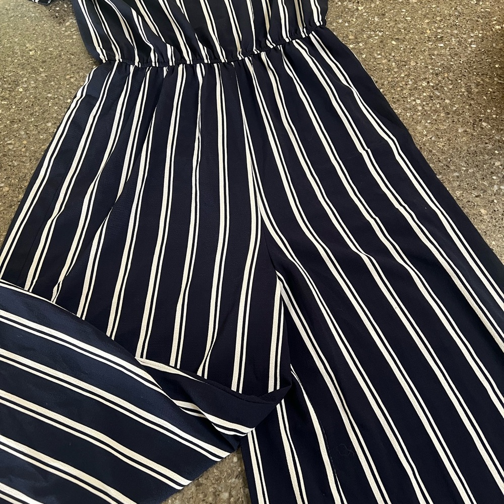 Wide Leg Open Shoulder Blue and White Striped Nautical Jumpsuit